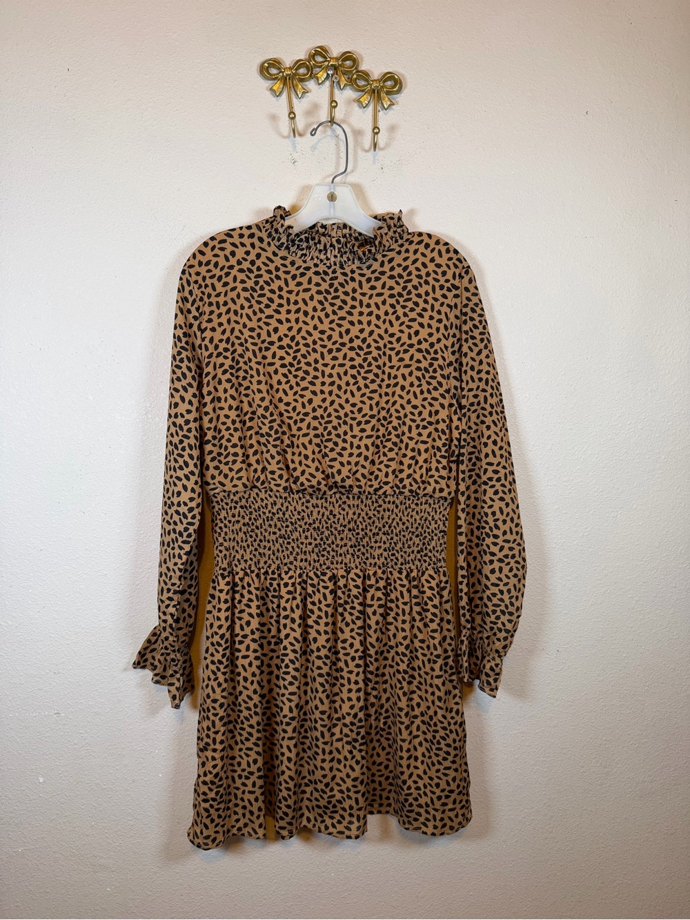 She+Sky Camel/Black Leopard Printed Smocked Waist Long-Sleeve Mini Dress. Size L